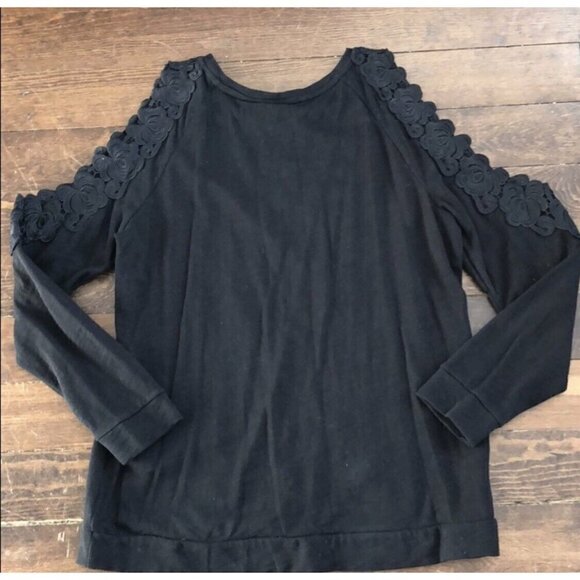 Loft Sz S Black Lace Embroidered Cold Shoulder Light Sweatshirt Top Blouse Women - Picture 7 of 12
